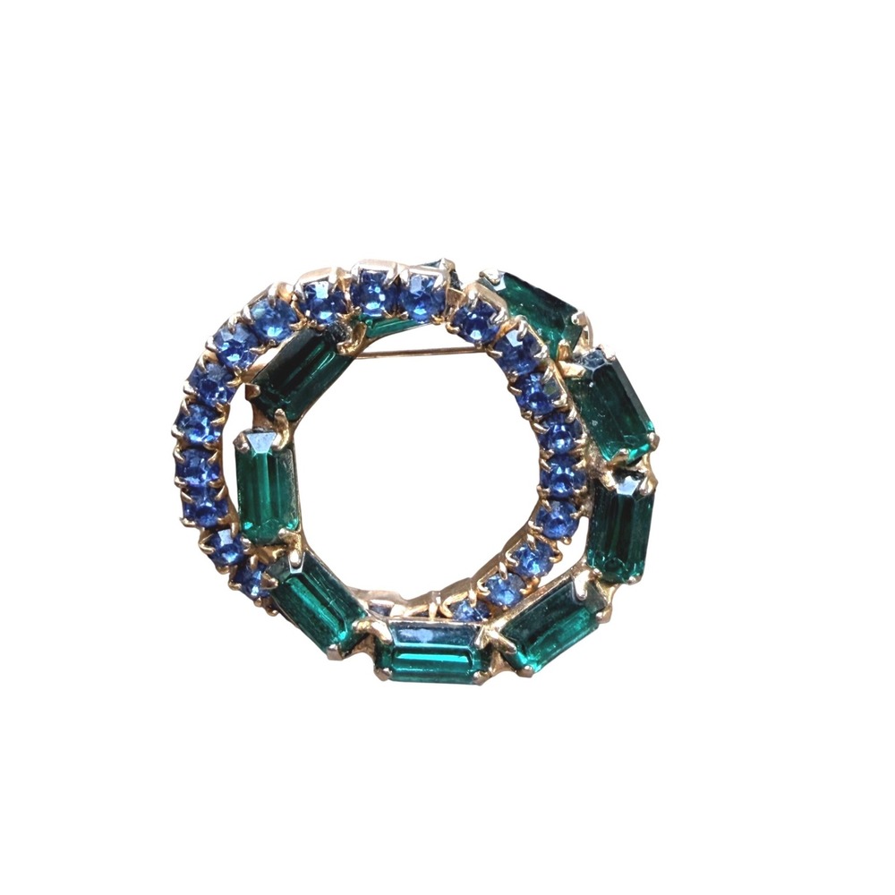 Vintage Blue and Green Rhinestone Wreath Brooch Gold Tone Baguette Circle Pin